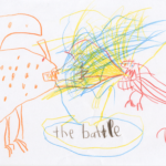 A childs drawing of a striped dragon fighting a polkadotted dragon