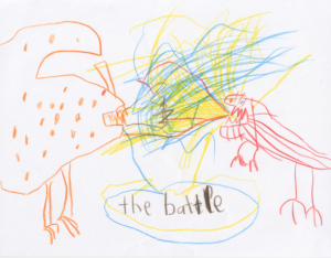 A childs drawing of a striped dragon fighting a polkadotted dragon