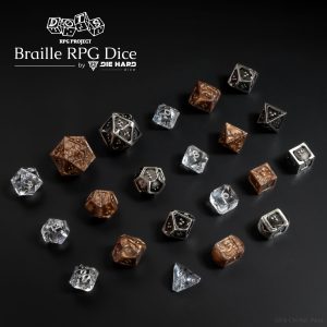  3 sets of 7 TTRPG polyhedral dice. The first set for size comparison is a standard numbered clear plastic with silver numbers. The braille sets are metallic bronze acrylic with dark pearl swirls and silver hollow metal with black antiqued finish. Most of the braille dice are similar in size to standard numbered sets with the d20 being almost double the size. Logo in the top left corner reads DOTS RPG Project Braille RPG Dice by Die Hard Dice, US & CN Patent Pending in bottom right corner.