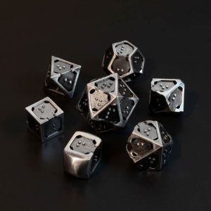 Photograph of hollow metal braille d4, d6, d8, d10, d12 surrounding a d20. 