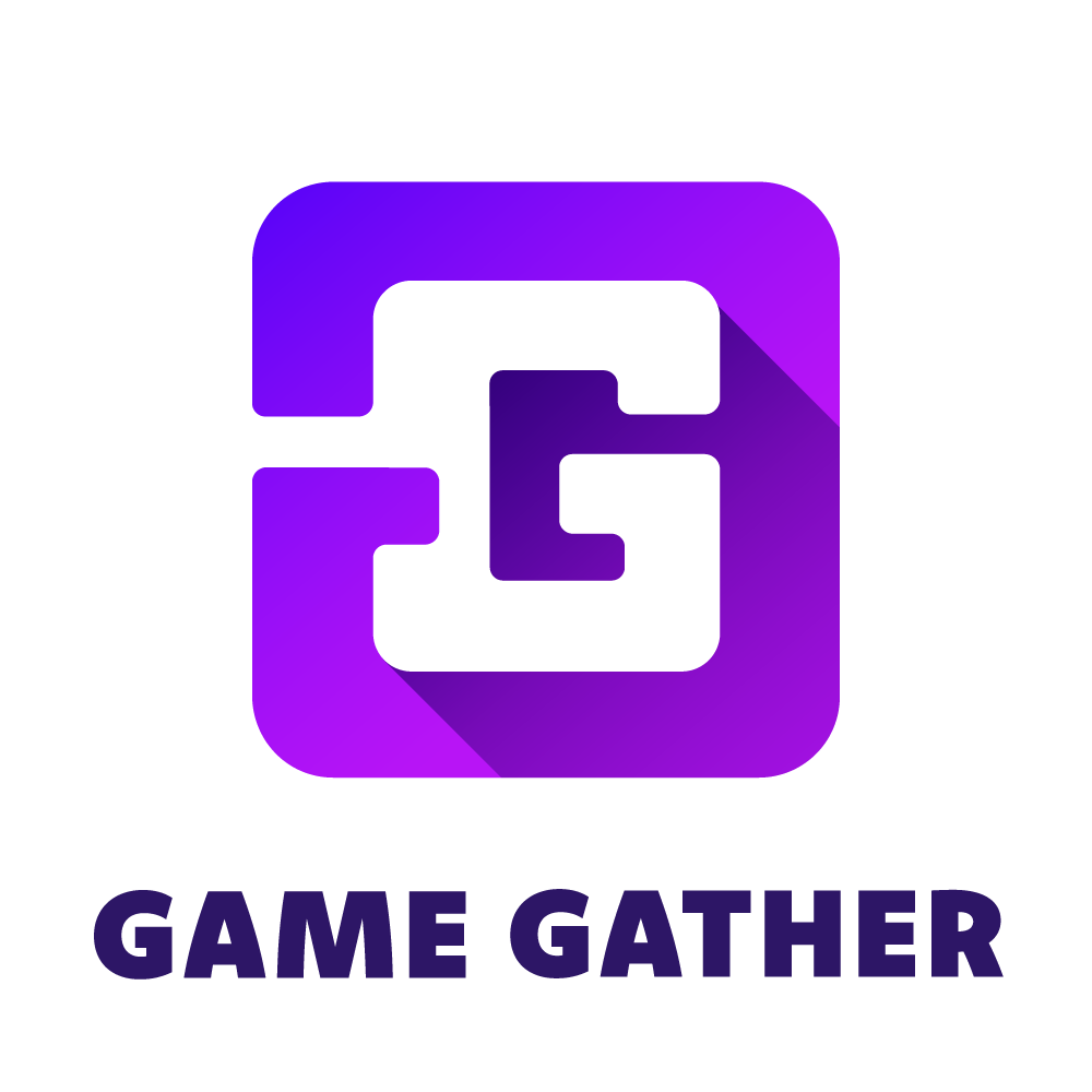 Game Gather logo — a bold white "G" inside a purple square with stylized maze-like lines, shadowed, with the words "Game Gather" beneath in dark purple.